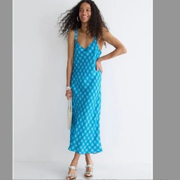 J. Crew Gwyneth VNeck Cupro Blend Slip Gingham Dress Blue - Picture 2 of 8